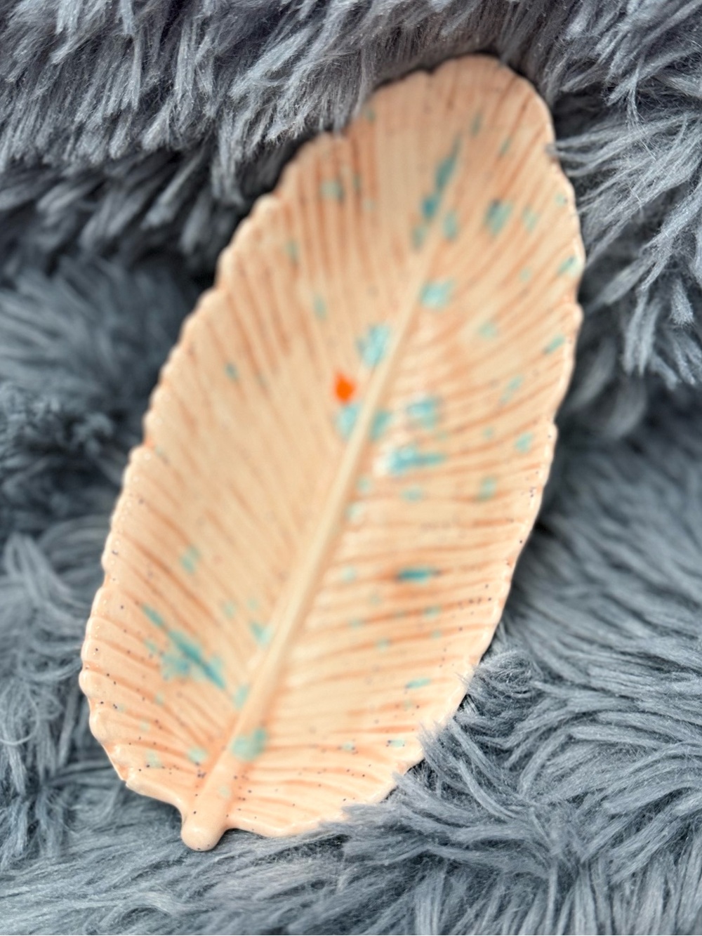 Peach Ceramic Feather Tray with Aqua Speckle